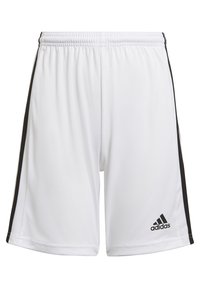 Shorts deportivos blancos hechos de material ligero. Presentan rayas laterales negras y el logo de Adidas en la parte inferior derecha. Cintura elástica.