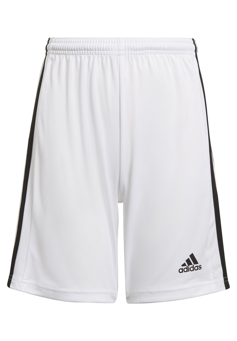 Shorts deportivos blancos hechos de material ligero. Presentan rayas laterales negras y el logo de Adidas en la parte inferior derecha. Cintura elástica.