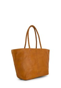 Brun læder tote bag med flettede håndtag, rektangulær form, glat tekstur og en søm ned ad midten, der tilbyder et minimalistisk design.