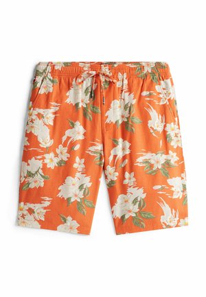 Oranje bloempatronen zwemshorts met een trekkoord in de taille, versierd met grote witte bloemen en groene bladeren in een losse, lichtgewicht stof.