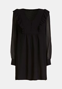 Robe noire avec manches longues en voile transparent et un décolleté en V à volants. Présente un devant boutonné et une taille froncée pour une coupe ample.