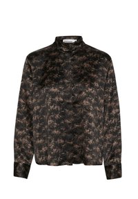 Svart och brun mönstrad blus med hög krage, knäppning och långa ärmar. Slät textur med en subtil glans.