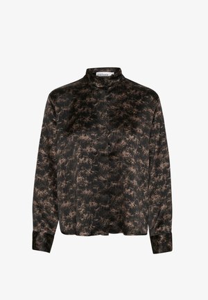 Blusa a righe nera e marrone con colletto alto, chiusura con bottoni e maniche lunghe. Tessuto liscio con una leggera lucentezza.