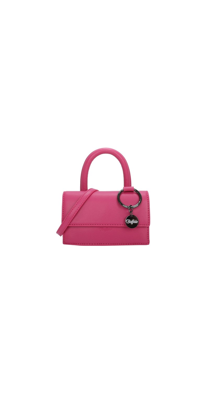 Borsa a mano rosa con un design strutturato, dotata di manico superiore, tracolla staccabile e un accento hardware circolare nero.