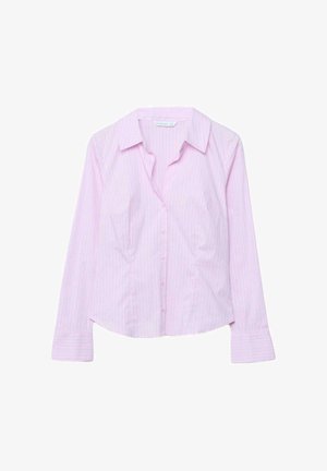 Hellrosa Damenbluse zum Knöpfen mit dezenten vertikalen Streifen, langen Ärmeln und klassischem Kragen.