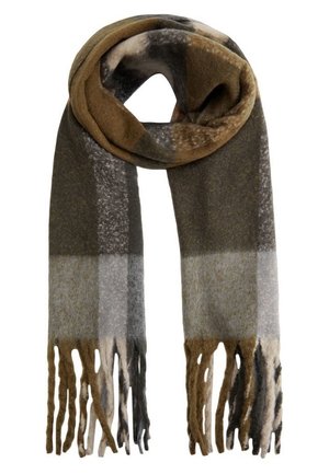 Écharpe douce en laine avec des blocs de couleur marron, gris et beige, présentant de longues franges aux deux extrémités, pliée en boucle.