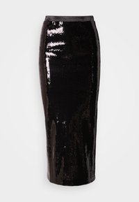 Jupe crayon taille haute noire entièrement recouverte de sequins brillants, réfléchissant la lumière, présentée sur un fond blanc.