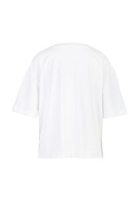 Weiße Kurzarm-T-Shirt, lockere Passform, runder Ausschnitt, weiches Baumwollmaterial, glatte Textur, minimale Details, einfarbig.
