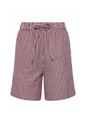 Herenshorts met witte en bordeauxrode verticale strepen, elastische tailleband en koordsluiting aan de voorkant in het midden.