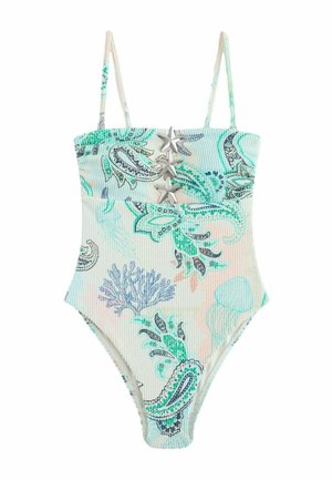 Eendelig badpak met lichtgroene, blauwe en roze paisley- en koraalpatronen, met vier zilveren zeesterren versieringen aan de voorkant.