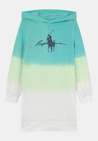 Vestido de sudadera con capucha en un degradado de turquesa a verde y blanco. Presenta un gran logotipo de jugador de polo en color marino en el pecho. Material de algodón.