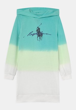 Hættekjole i gradient turkis til grøn til hvid. Har et stort navy polo spiller logo på brystet. Materialet er bomuld.