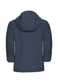 Dunkelblauer Fleece-Mantel mit einer strukturierten, flauschigen Oberfläche, langen Ärmeln und einer Kapuze, ausgestattet mit einem geraden Schnitt und ohne sichtbare Verschlüsse.