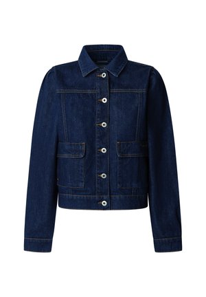 Giacca di jeans di un blu scuro con colletto, cinque bottoni, due tasche a pattina e dettagli di cucitura a contrasto. Design classico con maniche lunghe.