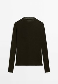 Pull noir en maille côtelée à manches longues avec un col rond, posé à plat sur un fond blanc.
