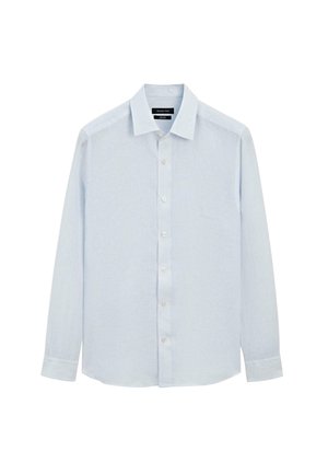 Light blue long-sleeve men's dress shirt with buttons down the front and a standard collar, displayed flat on a white background.