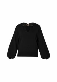 Maglione nero a maglia con scollatura a V e un dettaglio con aperture vicino al collo. Presenta maniche lunghe a palloncino e un orlo inferiore aderente.