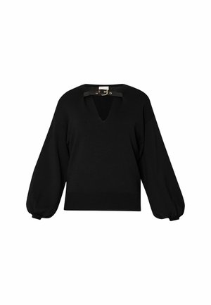 Maglione nero a maglia con scollatura a V e un dettaglio con aperture vicino al collo. Presenta maniche lunghe a palloncino e un orlo inferiore aderente.