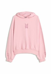 Light pink hoodie with front pocket, "Tiny Tan" text logo in center, and small heart designs near cuffs on both sleeves.