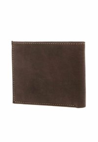 Brown leather bifold wallet with visible stitching on edges, closed, isolated on white background.