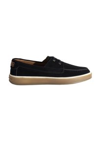 Bateaux en suede noir avec une semelle en caoutchouc brun, des accents de semelle intermédiaire blanche, des oeillets en métal et un talon en cuir marron. Design classique, profil bas.