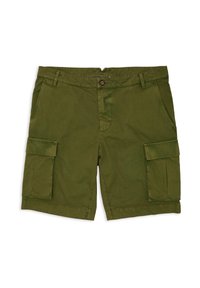 Pantaloni cargo verde oliva realizzati in cotone resistente. Presentano due ampie tasche laterali, una vita con bottone e orli cuciti. Tessuto morbido.