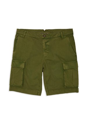 Pantaloni cargo verde oliva realizzati in cotone resistente. Presentano due ampie tasche laterali, una vita con bottone e orli cuciti. Tessuto morbido.