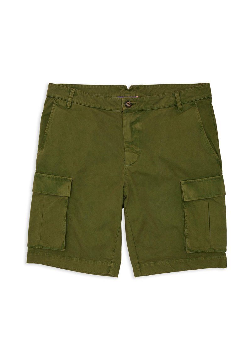 Pantaloni cargo verde oliva realizzati in cotone resistente. Presentano due ampie tasche laterali, una vita con bottone e orli cuciti. Tessuto morbido.