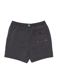 Dark gray swim shorts with an elastic waistband, a back pocket featuring a button, and orange accents near the pocket. Soft fabric texture.
