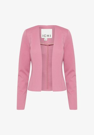 Roosa bleiser pikkade varrukatega, valmistatud tekstuurilisest kangast. Avatud esiosa kujundus, brändi silt sees, kohandatud sobivus minimalistlikus stiilis.