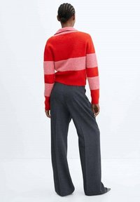 Persoon met ingevlochten haar draagt een rode en roze gestreepte trui en losse donkergrijze broeken, staand met de rug naar de camera op een witte achtergrond.