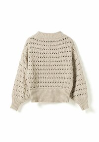 Beež värvusega kootud kampsun tekstuurse, avatud kootud mustriga. Omadusteks on soonikuga krae ja mansetid, lühike alumine serv ning mahukad varrukad.