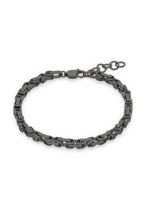 Schwarzes Metallkettenarmband mit rechteckigen Gliedern und verstellbarem Verschluss vor weißem Hintergrund.