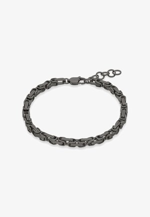Schwarzes Metallkettenarmband mit rechteckigen Gliedern und verstellbarem Verschluss vor weißem Hintergrund.