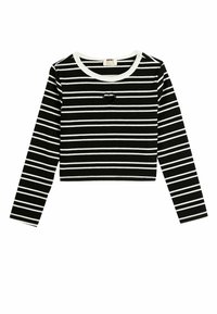 Crop top med ribbet tekstur, sort med hvide vandrette striber, rund halsudskæring og en lille hjerteudskæring som detalje.