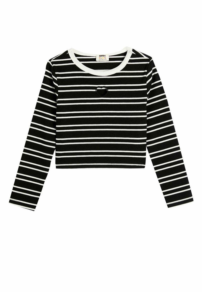 Crop top med ribbet tekstur, sort med hvide vandrette striber, rund halsudskæring og en lille hjerteudskæring som detalje.