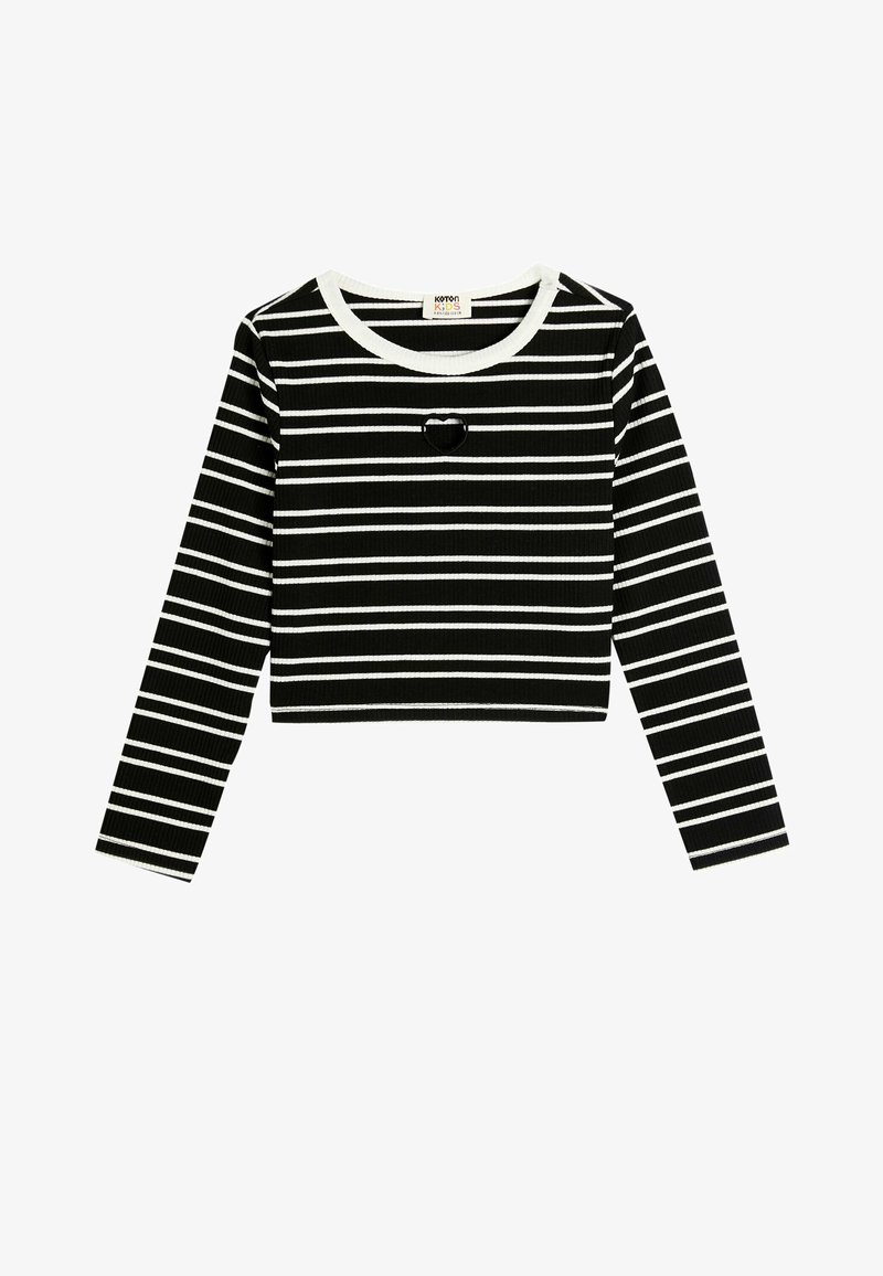 Crop top med ribbet tekstur, sort med hvide vandrette striber, rund halsudskæring og en lille hjerteudskæring som detalje.