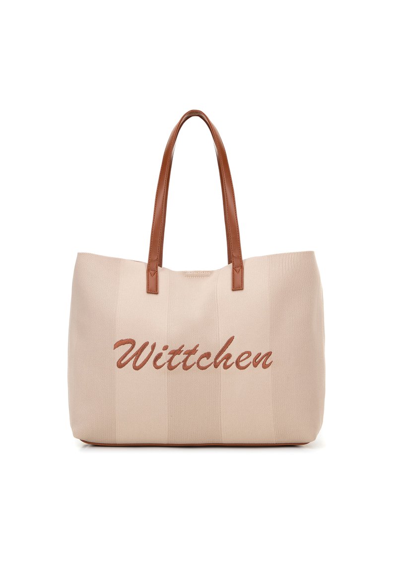 Borsa tote beige con una finitura testurizzata, dotata di manici in pelle marrone e del nome "Wittchen" ricamato in marrone. Design semplice.