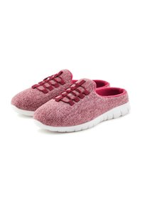 Red and pink felt slip-on shoes with a textured upper, featuring dark red laces and a white flexible sole. Rounded toe, casual design.