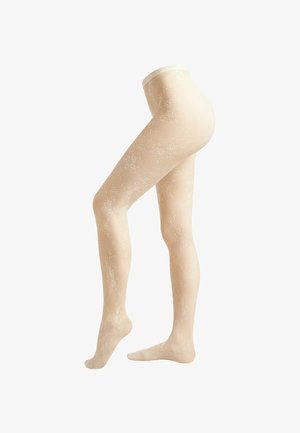 Beige Netzhose mit dezenten floralen Mustern, gezeigt an einem Schaufensterbein vor weißem Hintergrund.