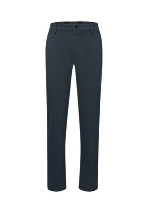 Pantalon droit bleu marine pour homme avec passants de ceinture, fermeture à bouton et braguette zippée, présenté sur un fond blanc.