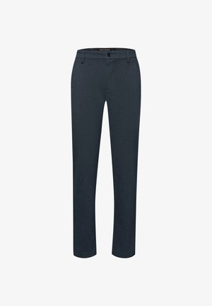 Donkere blauwe broek voor heren met rechte pijpen, broeklussen, knoopsluiting en ritssluiting, weergegeven op een witte achtergrond.