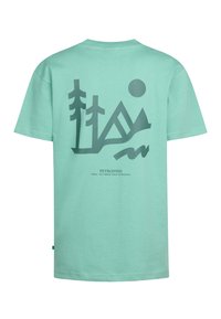 Tricou mint cu un design grafic ce include copaci, munți și un soare. Fabricat din bumbac, cu guler tip crew și mâneci scurte.