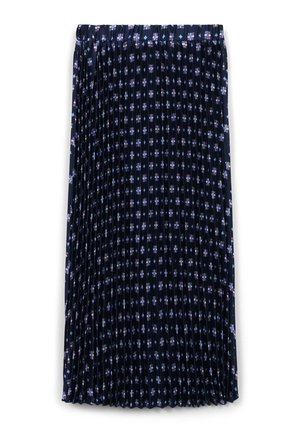 Plissee-Rock aus dunkelblauem Stoff mit floralen Mustern in helllila und rosa. Elastischer Bund; mittellanges Design mit weicher Textur.