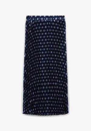 Gonna plissettata in tessuto blu scuro con un motivo floreale in lilla e rosa chiaro. Vita elasticizzata; design di lunghezza media con una consistenza morbida.