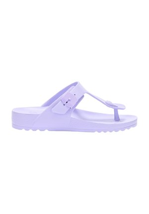 Single lavender thong sandal with adjustable buckle strap and textured sole, side view on white background.