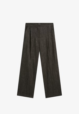 Mörkgrå vida byxor med subtila vertikala ränder, framveck, sidofickor och en midja med bältesömmar.