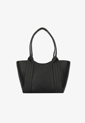 Zwarte leren tote bag met een gestructureerde oppervlakte, twee schouderbanden en verticale naaddetails. Ruimtelijke opening voor gemakkelijke toegang.