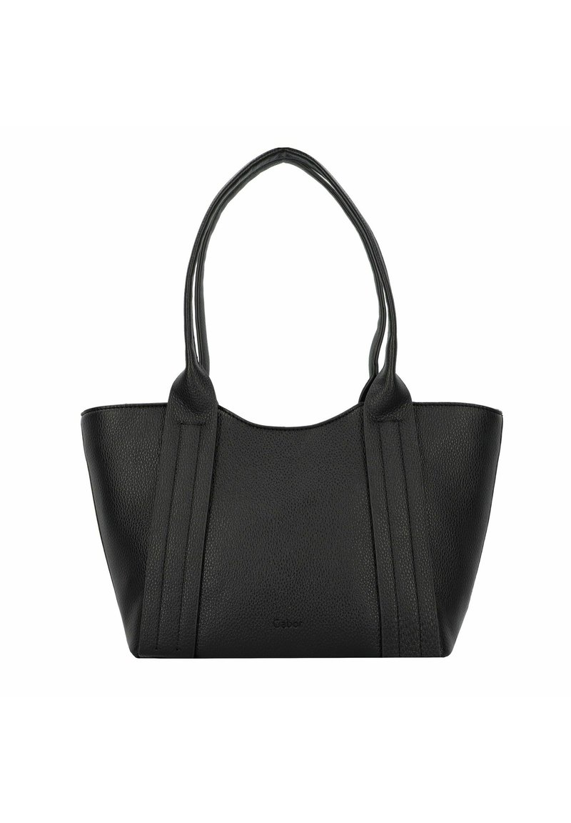 Borsa tote nera in pelle con superficie testurizzata, due manici per spalla e dettagli di cucitura verticale. Apertura ampia per un facile accesso.