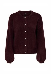 Bordeauxfarbener Cardigan aus weichem, strukturiertem Stoff mit rundem Halsausschnitt und Perlenknöpfen vorne. Lockere, ballonförmige Ärmel.